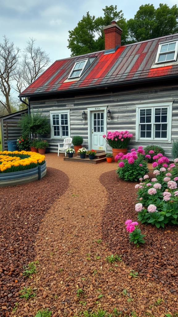 A charming farmhouse with colorful flower beds and a mulched pathway.