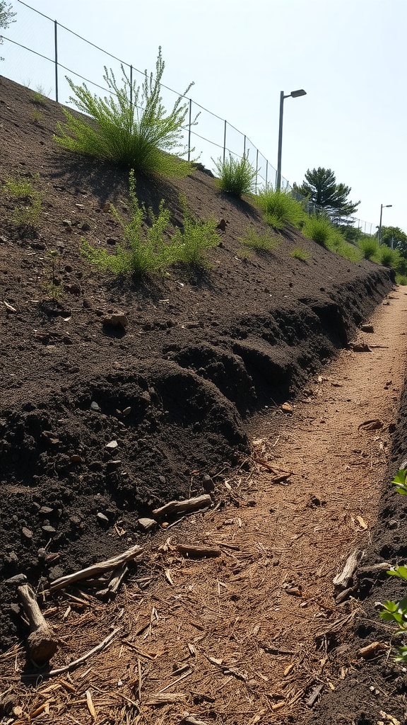 A hillside pathway lined with mulch and vegetation, designed for erosion control.