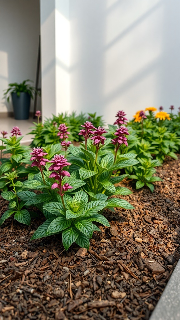 A garden bed with vibrant perennials surrounded by brown mulch.