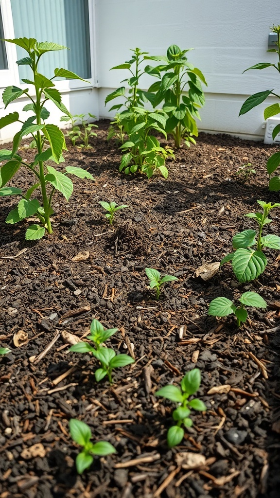 A garden bed with various plants and a layer of mulch surrounding them.