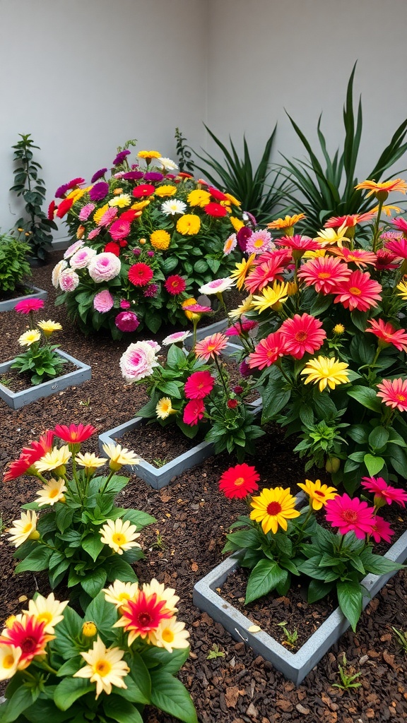 Colorful seasonal flower beds with rich mulch