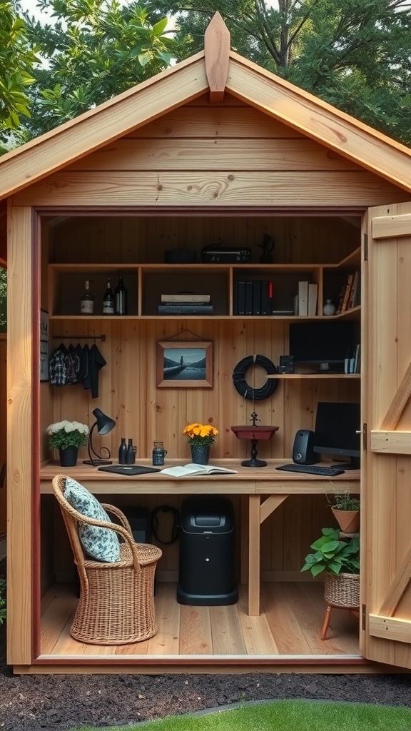 A multi-purpose garden shed featuring a workspace with a desk, computer, and decorative plants.