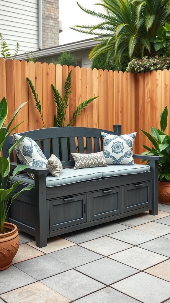 A stylish outdoor bench with storage, surrounded by plants in a small backyard.