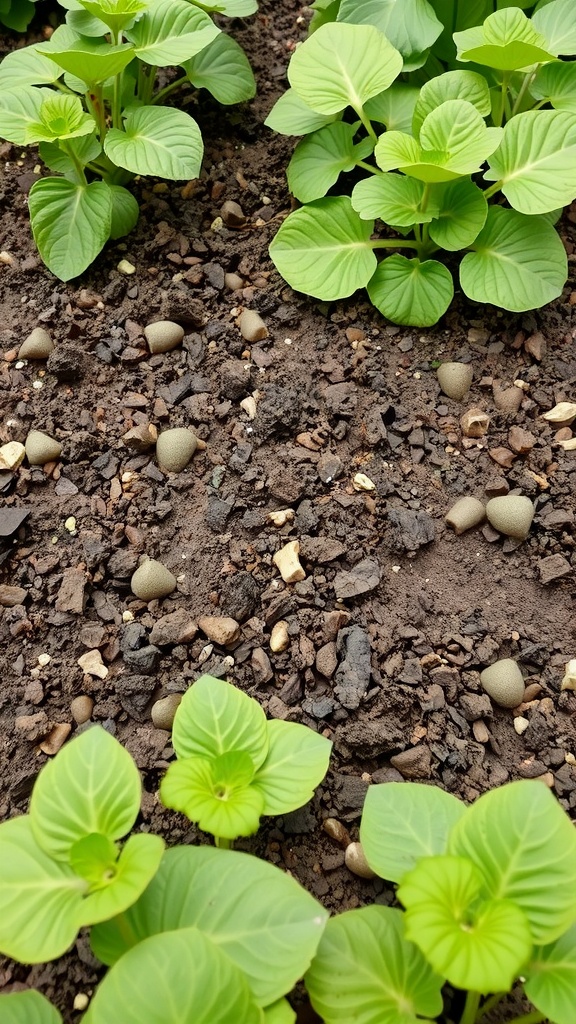 A garden featuring vibrant plants and mushrooms, enriched with mushroom compost.