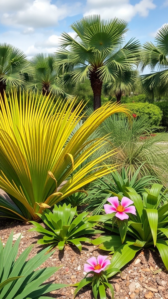 A landscape featuring vibrant native Florida plants including palm trees and bright flowers.