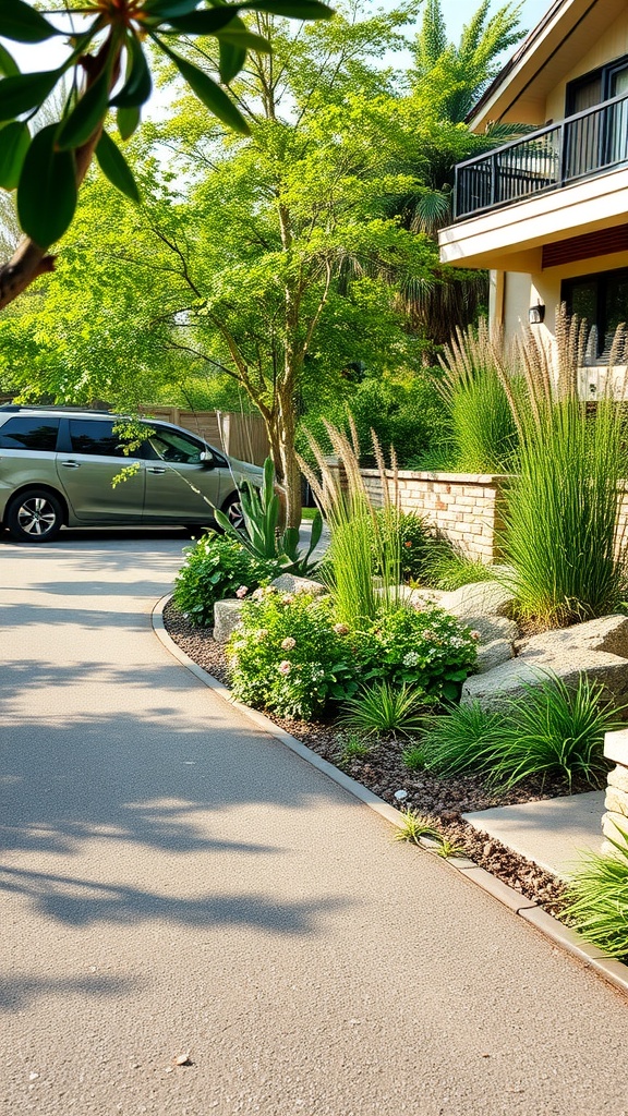 A landscaped driveway with native plants and flowers, featuring rocks and green foliage.