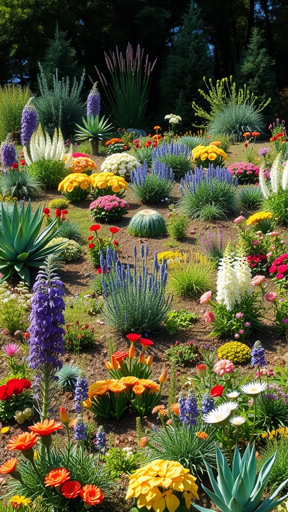 A colorful landscape filled with various native plants, including flowers and shrubs, showcasing a vibrant garden.