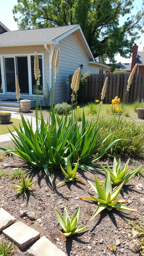 A vibrant garden with tall grasses, tulips, and sunflowers in full sun