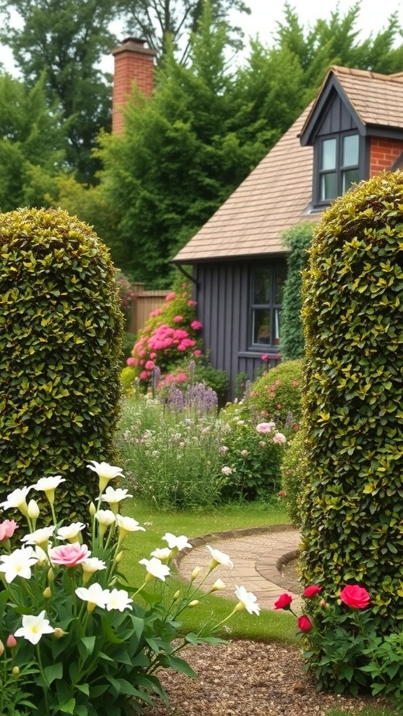 A cottage garden with neatly trimmed hedges, colorful flowers, and a pathway leading to a charming house.