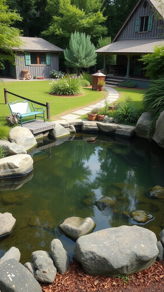 A serene natural pond surrounded by smooth stones and greenery in a farmhouse setting.