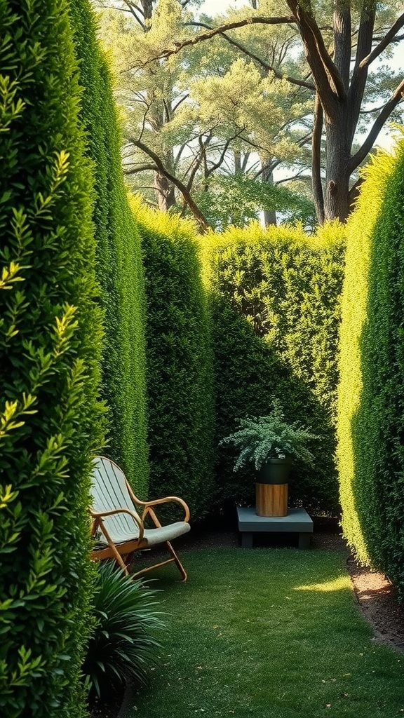 A side yard with tall greenery forming natural privacy screens, featuring a chair and a potted plant.