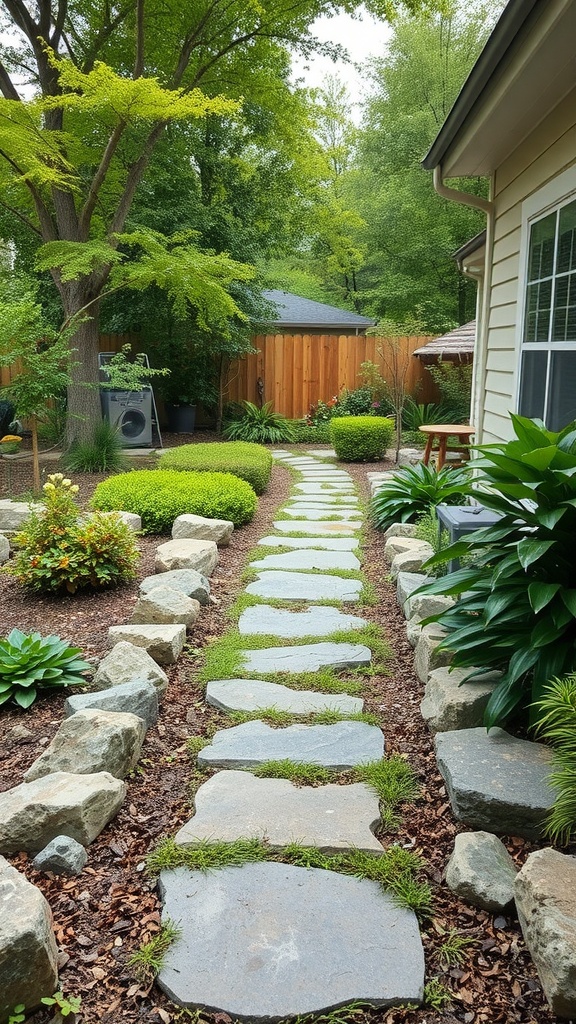 A serene natural stone pathway lined with greenery and a red bench in the background.