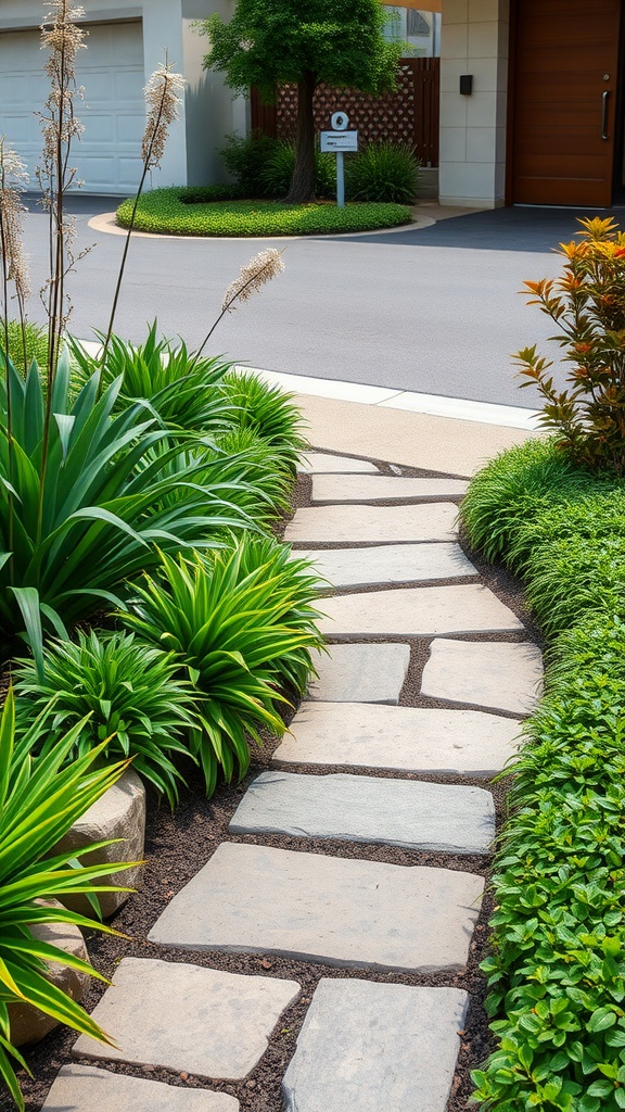 Natural stone pathway surrounded by green plants leading to a driveway.