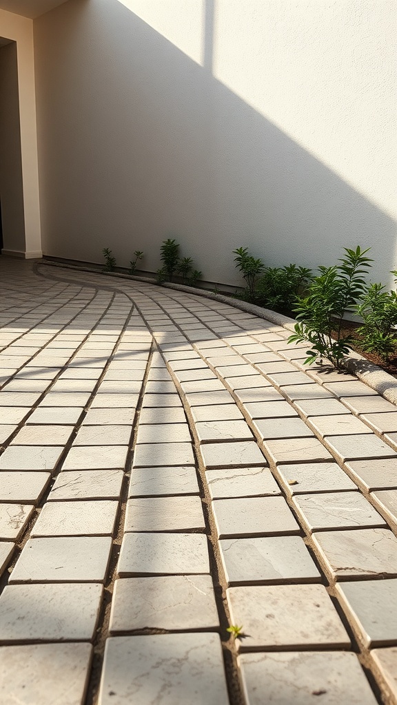 An elegant driveway featuring natural stone pavers with a curving pattern and green plants alongside.