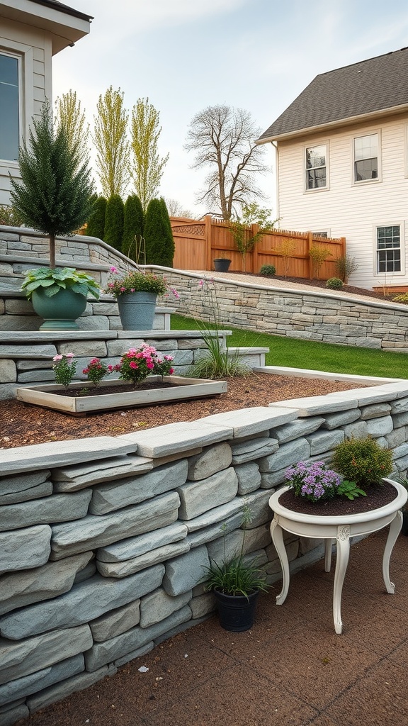 Natural stone retaining wall in a landscaped garden with flowers and greenery