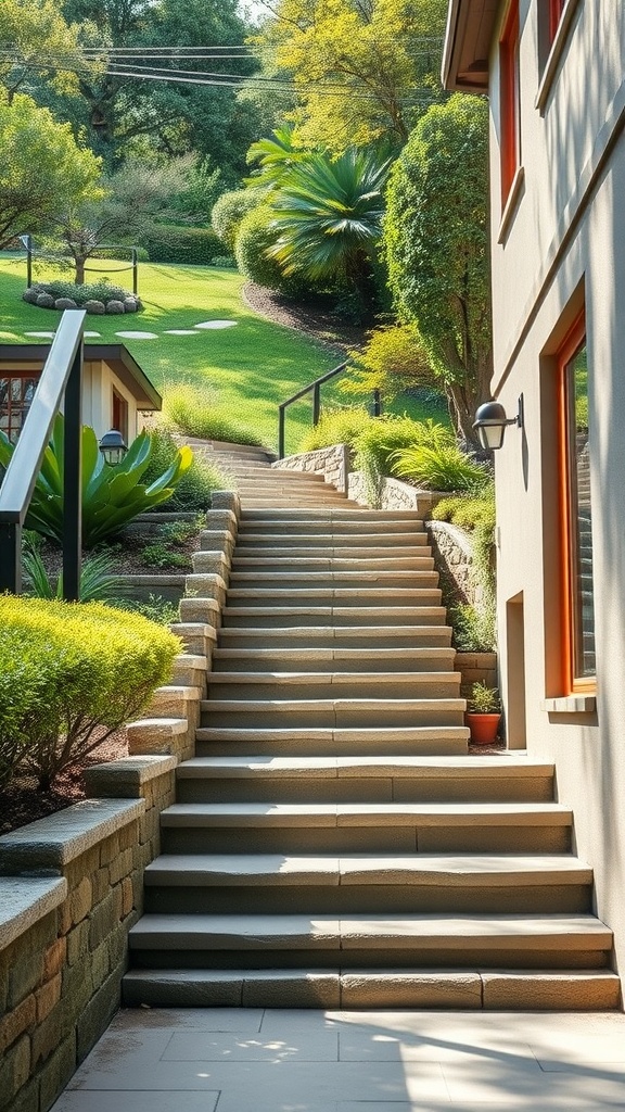 Natural stone steps leading up a sloped backyard with greenery