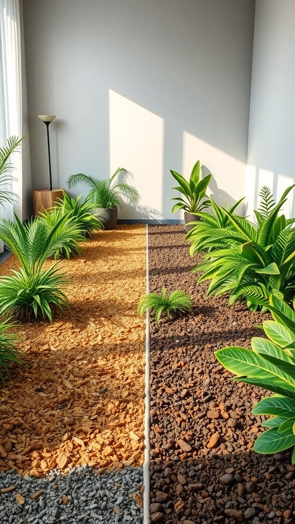 Comparison of natural and synthetic mulch in a landscaped area.