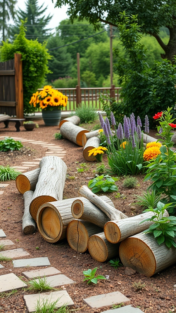 Natural wood logs used as garden edging with vibrant flowers and greenery.