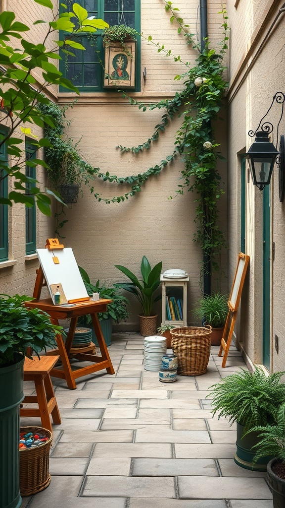 Cozy courtyard with an easel, plants, and art supplies