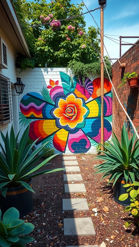 A colorful mural featuring flowers on a white wall, surrounded by potted plants and a stone pathway.