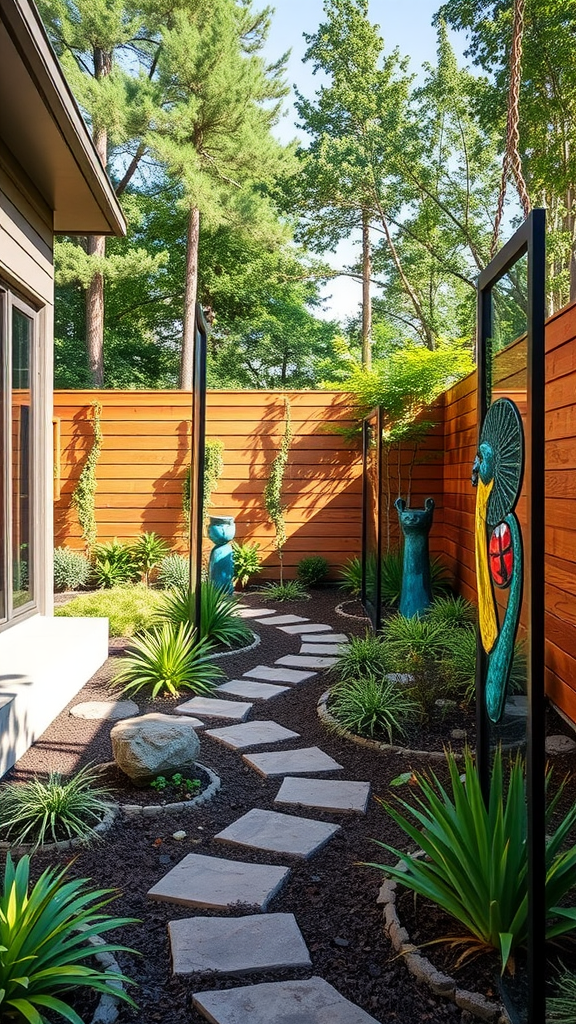 A side yard featuring unique art installations, including white sculptures and a large letter 'N', surrounded by greenery and stepping stones.