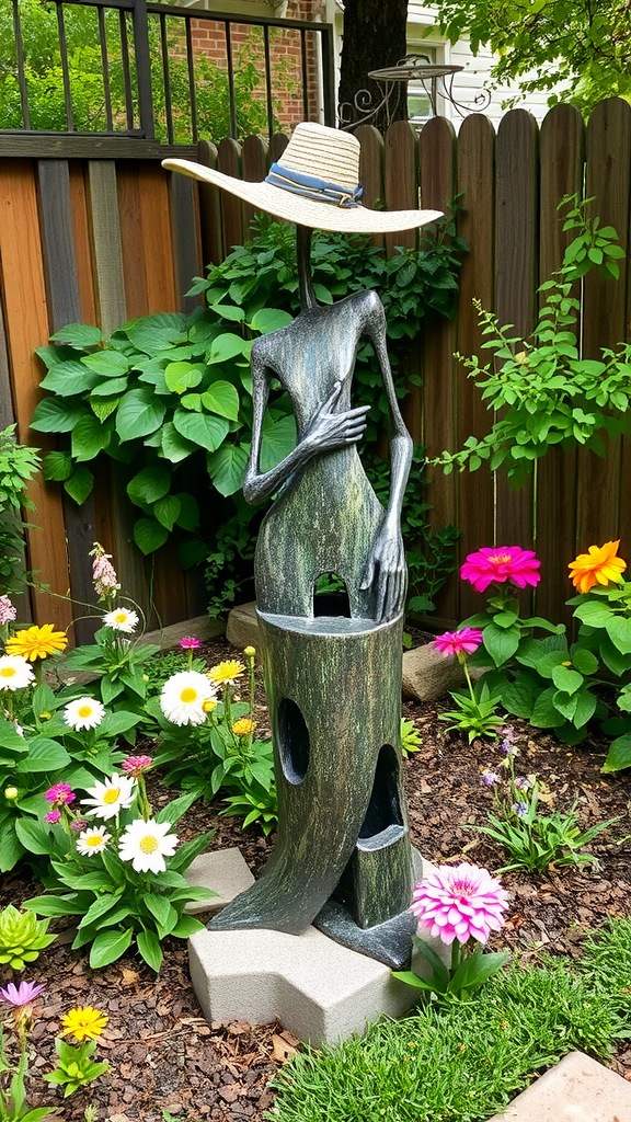 A stone sculpture of a woman surrounded by colorful flowers in a backyard garden.