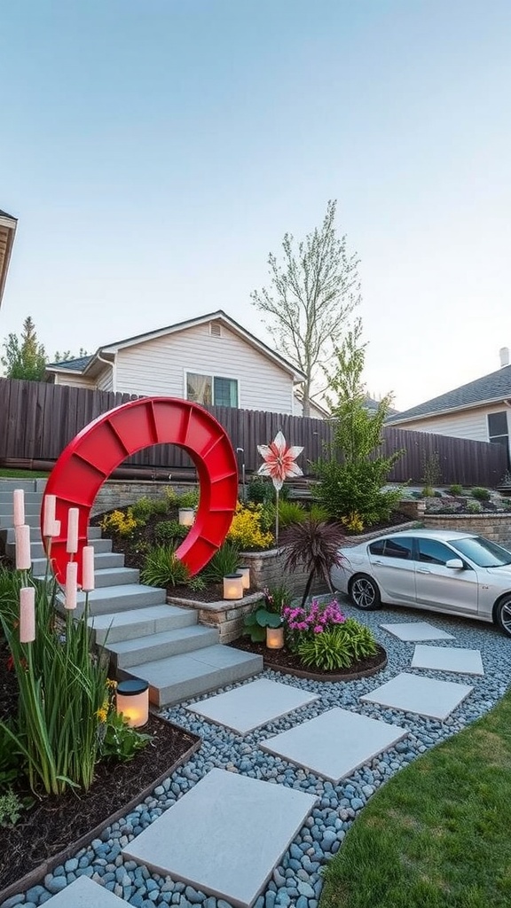 A landscaped backyard with colorful outdoor art installations, featuring a stone pathway and lush greenery.