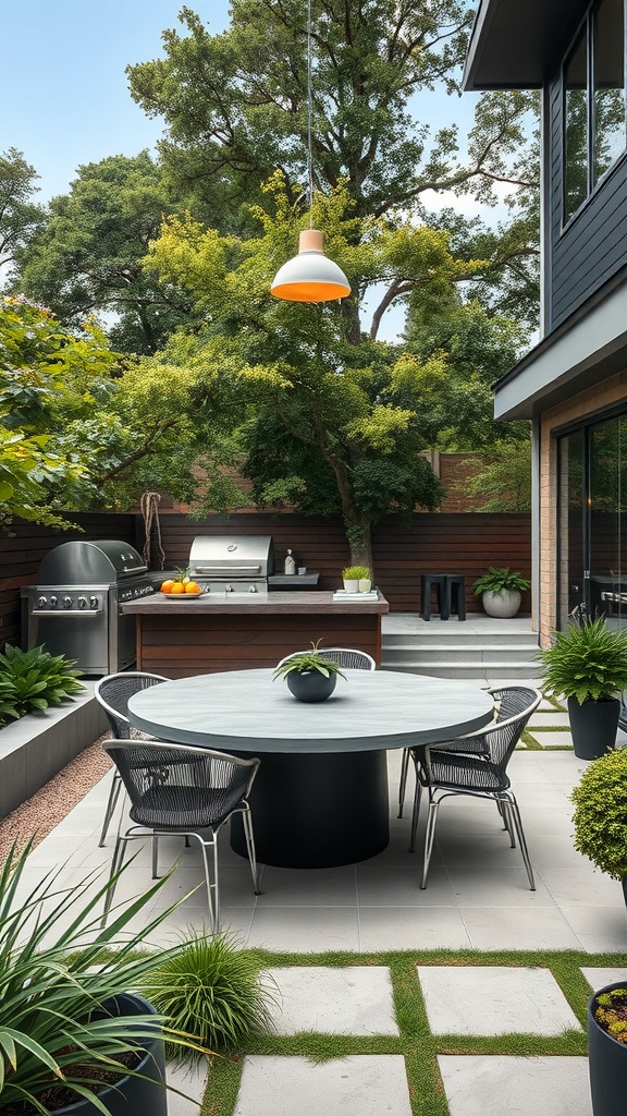 Stylish outdoor cooking space with a grill and dining table surrounded by greenery