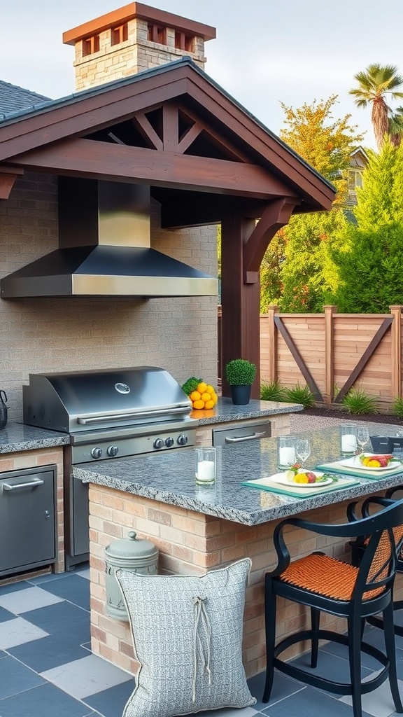 Stylish outdoor kitchen with grill and seating area