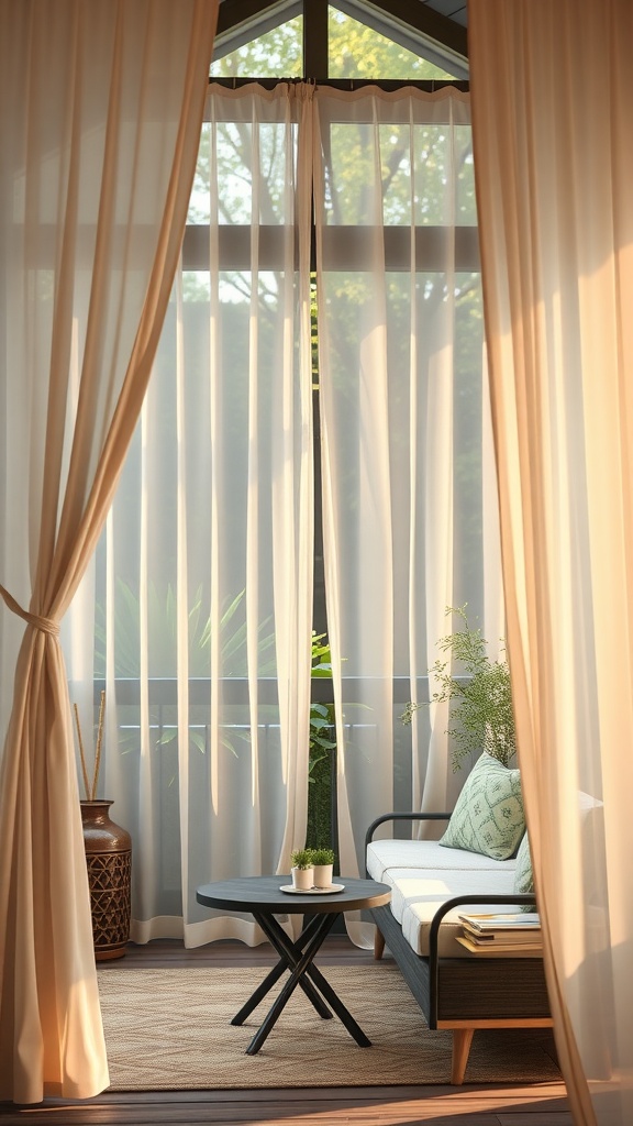 A cozy outdoor seating area with sheer curtains allowing natural light and greenery.