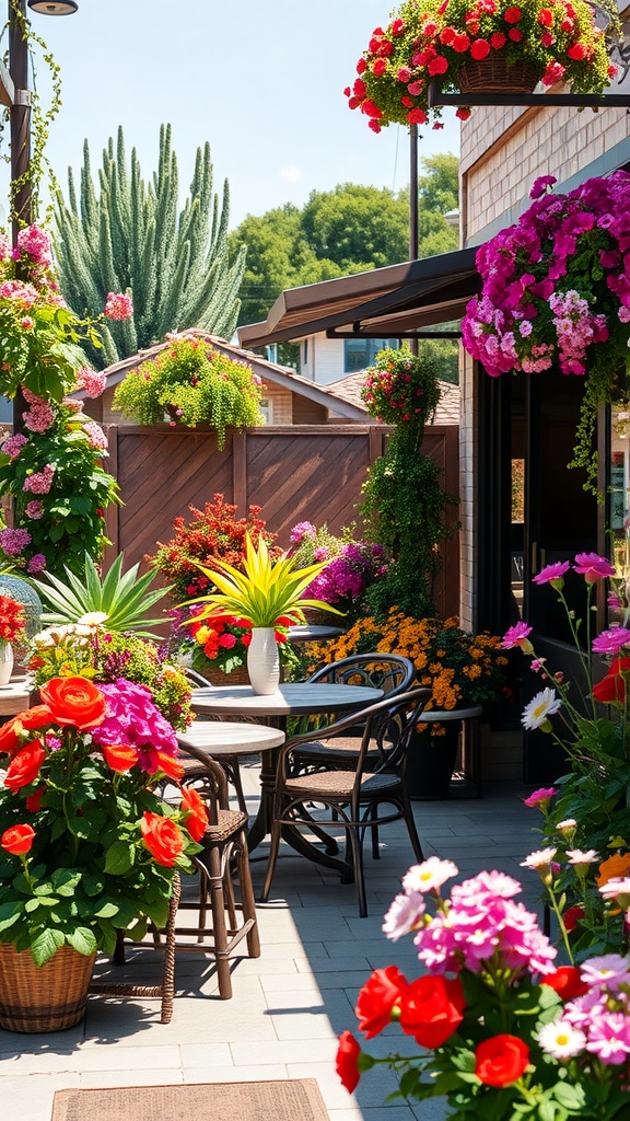 Outdoor dining area surrounded by colorful flowers and plants