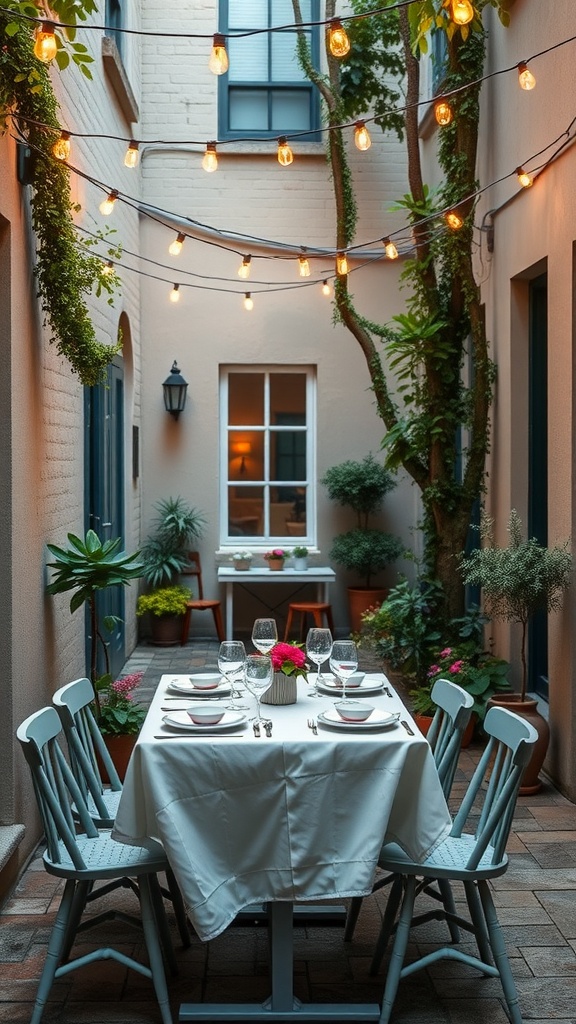 A cozy outdoor dining area in a small courtyard, featuring a table set for four under string lights and surrounded by greenery.