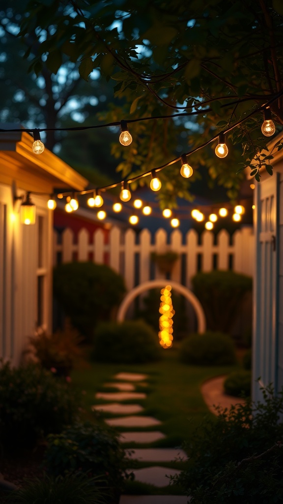 A cozy side yard illuminated with string lights and pathway stones.