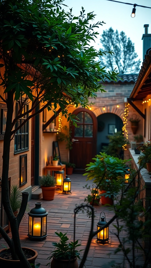 A cozy courtyard pathway illuminated by lanterns and string lights with plants in pots.