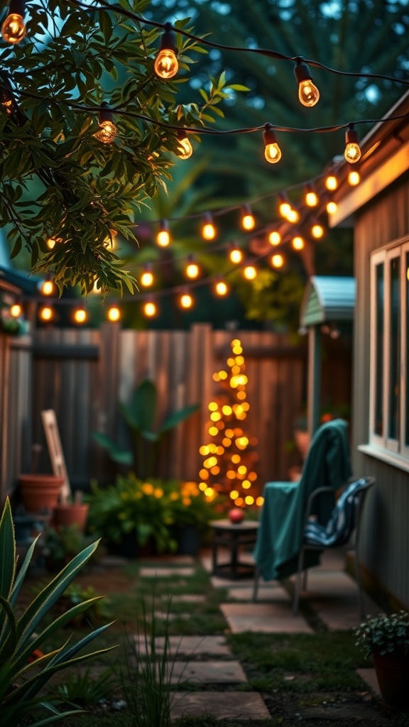 Cozy backyard with string lights and plants, creating a warm atmosphere