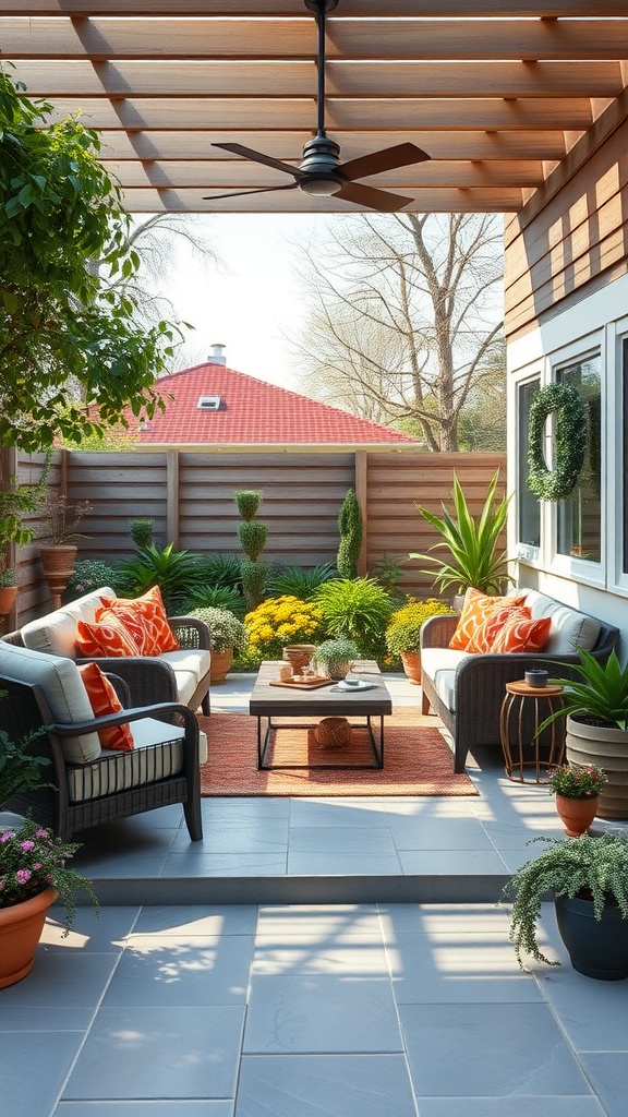 Cozy outdoor living space with comfortable seating, vibrant cushions, and various plants.