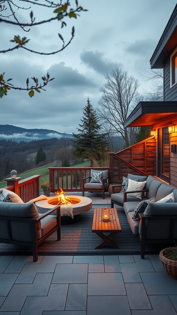 Cozy outdoor living space with seating, fire pit, and natural scenery