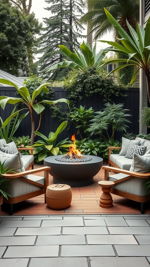 A cozy outdoor living space with comfortable chairs, a fire pit, and lush tropical plants.