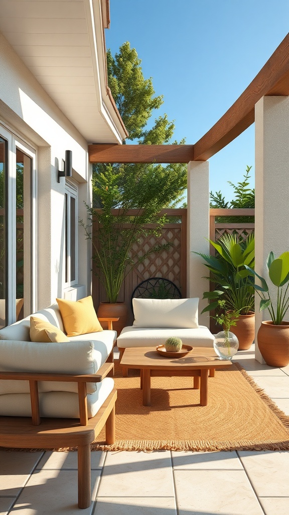 An outdoor lounge area with light sofas, a wooden coffee table, and potted plants under a clear blue sky.