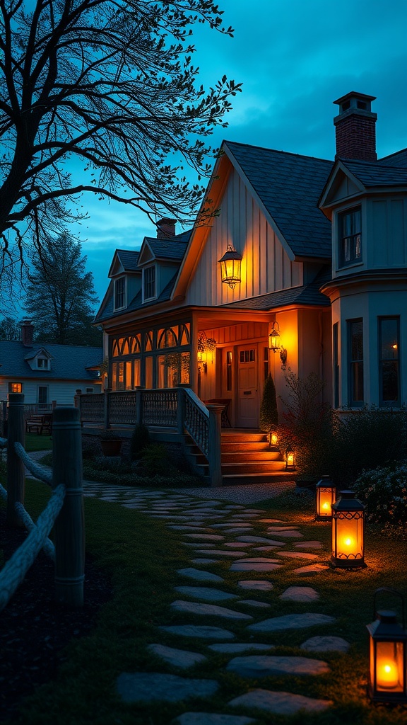 A pathway illuminated by lanterns leading to a farmhouse at dusk.