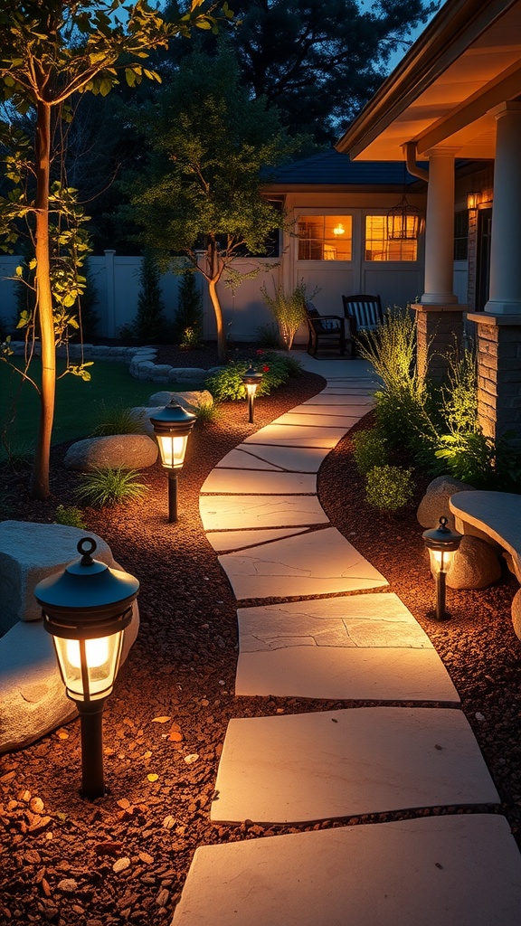 A beautifully lit pathway with stone pavers and glowing lanterns surrounded by lush plants.