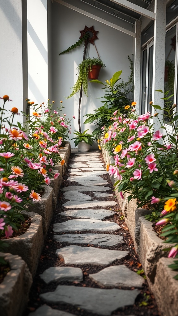 Stone pathway lined with colorful flowers in a garden.