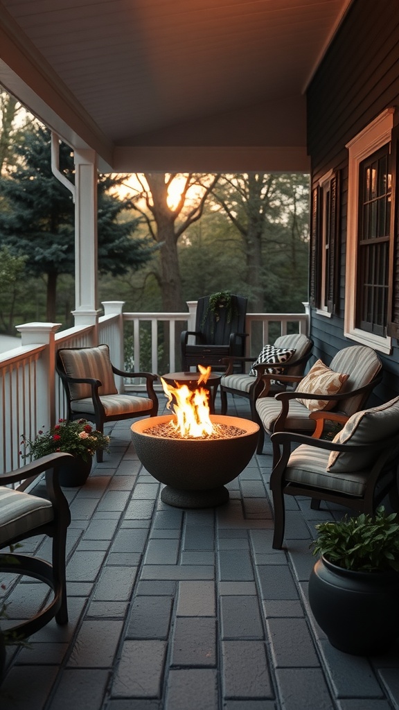 Cozy front porch sitting area with a fire pit and comfortable seating arrangement