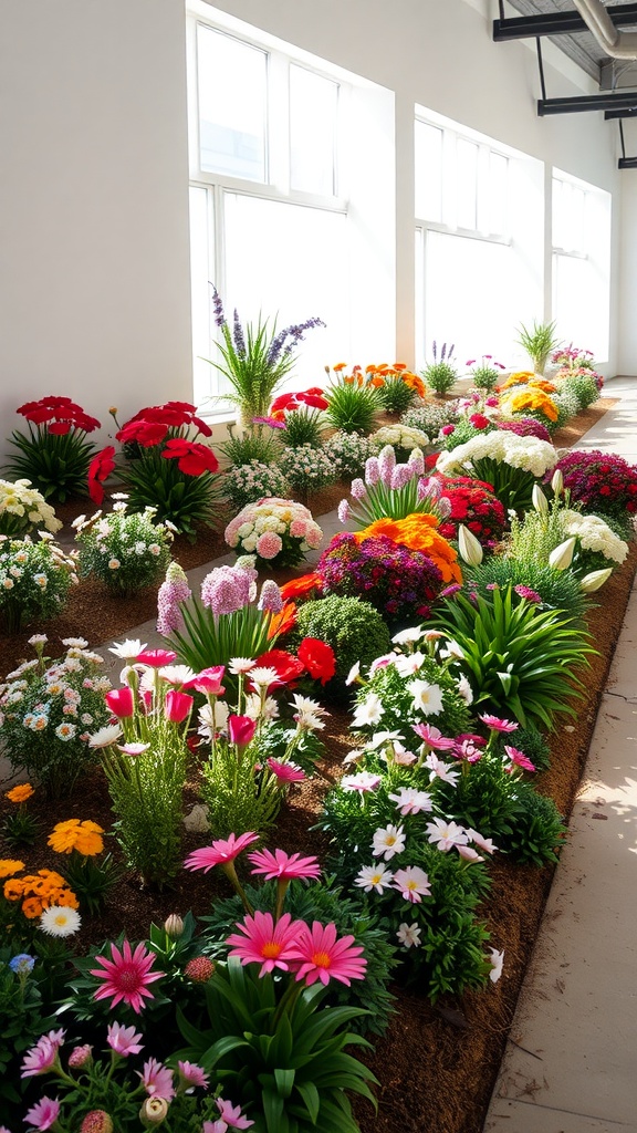 Brightly colored perennial flower beds with various plants arranged in a sloped layout.