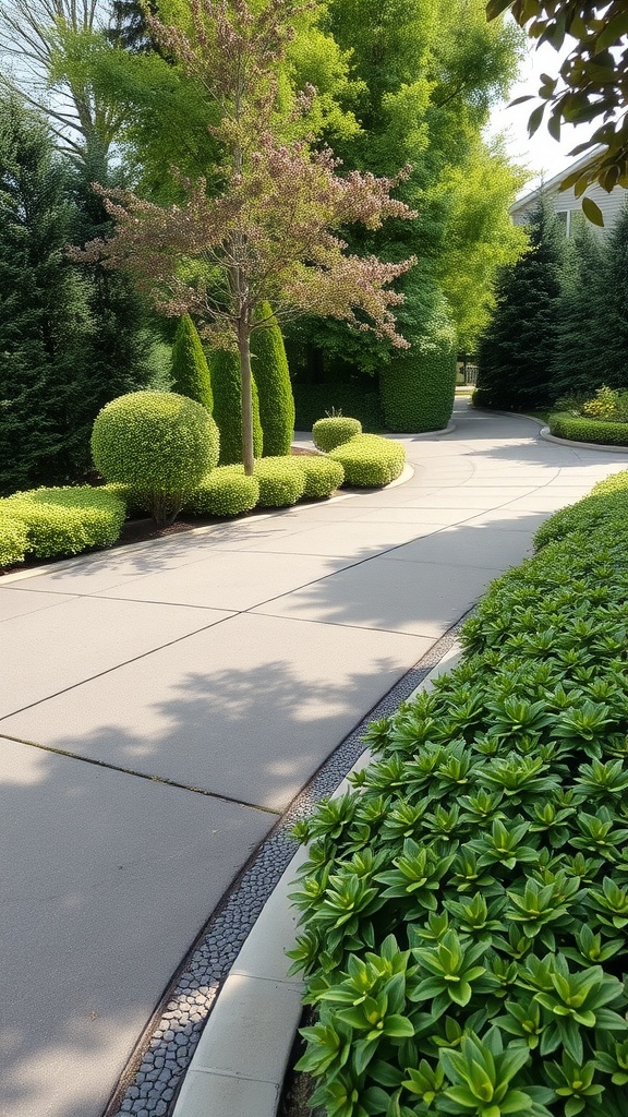 A landscaped driveway bordered by shrubs and trees, featuring lush greenery and a curved path.