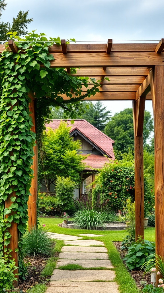 A wooden pergola covered in vines, leading to a farmhouse garden with stone paths and lush greenery.