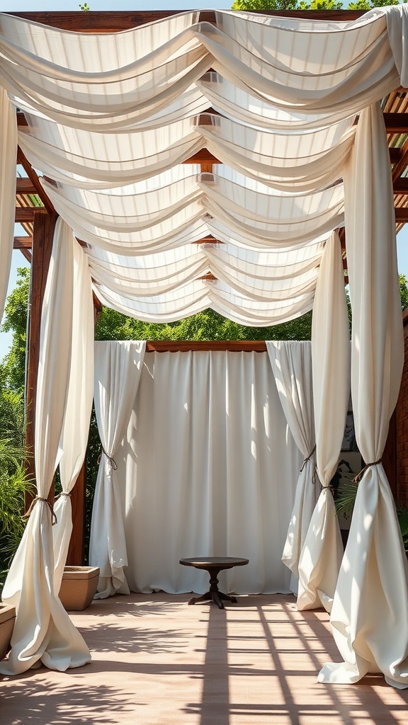 A wooden pergola with draped white fabrics creating a cozy outdoor space.