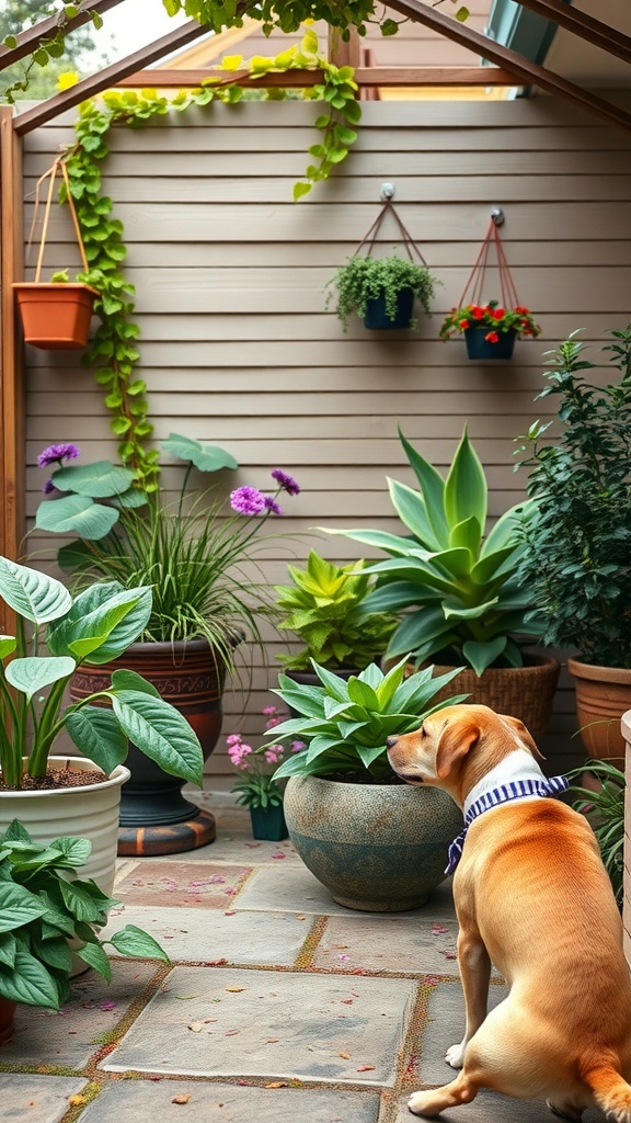 A pet-friendly patio garden with various plants and a dog sitting peacefully.