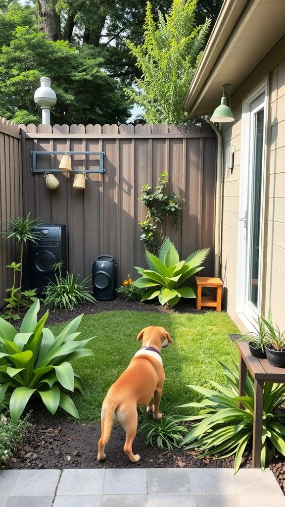 A pet-friendly side yard with a dog playing among plants and flowers.