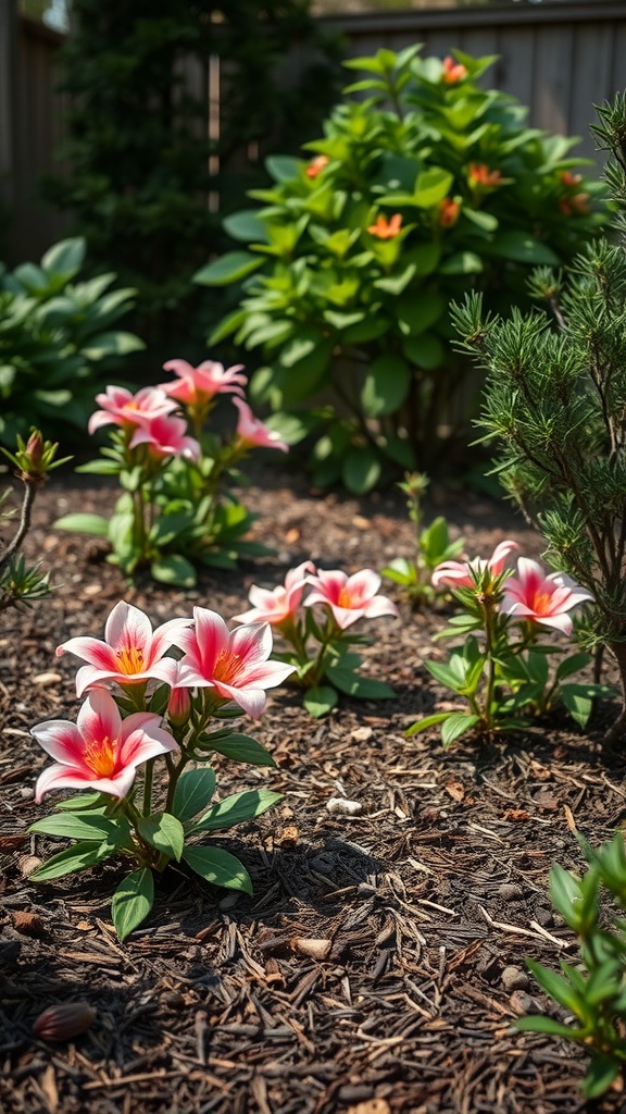 A garden with pink lilies surrounded by pine needle mulch.